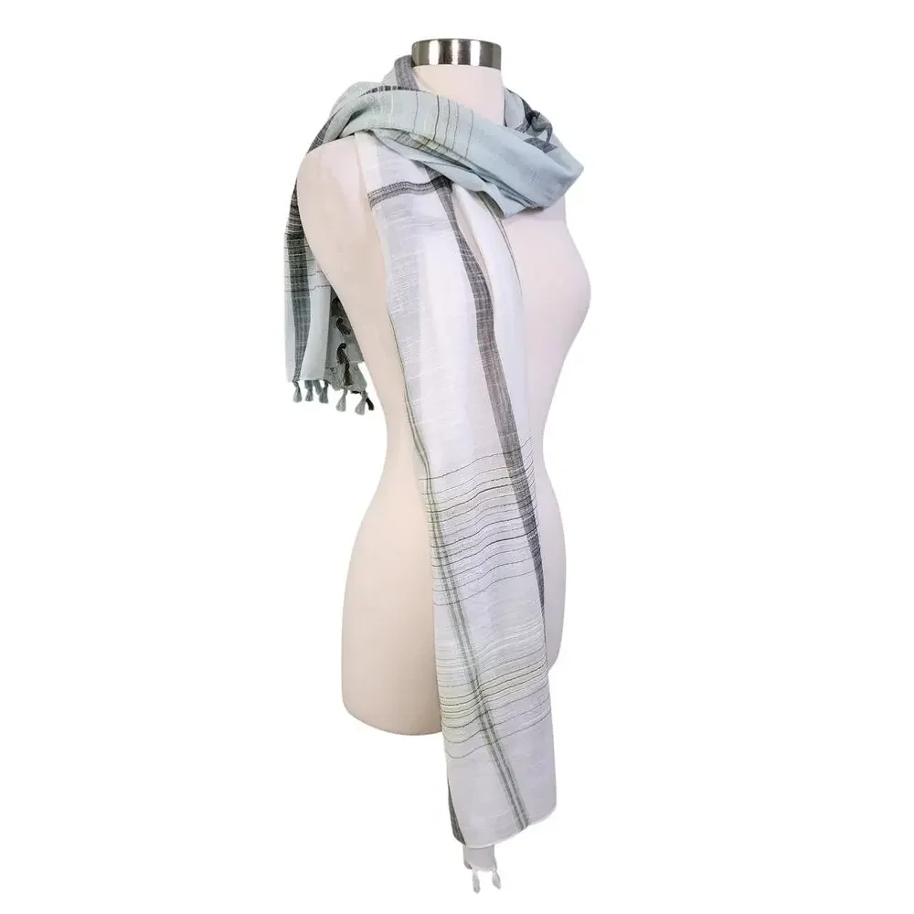 J Jill Womens Plaid Scarf One Size‎ Green White Blanket Semi Sheer Tassels Boho